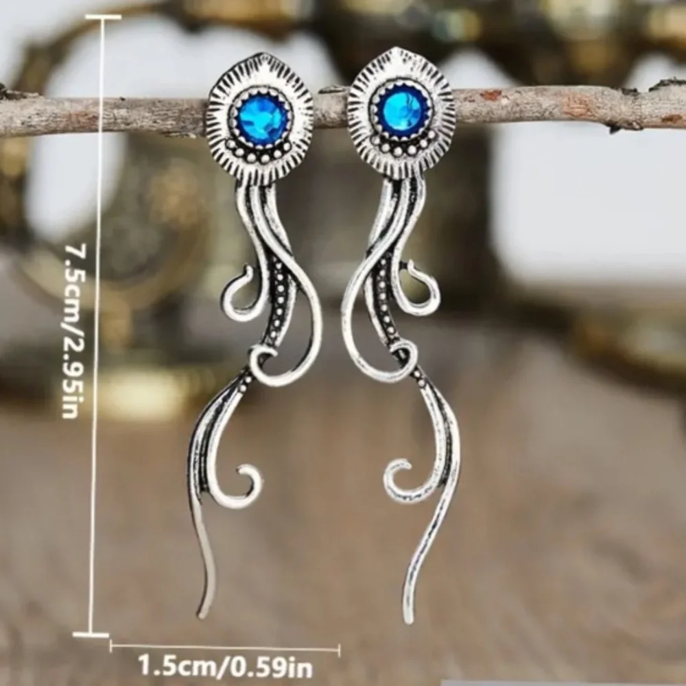 NWT! Long Gorgeous Silver Tone Pierced Dangle Earrings with Round Blue Cabochon!